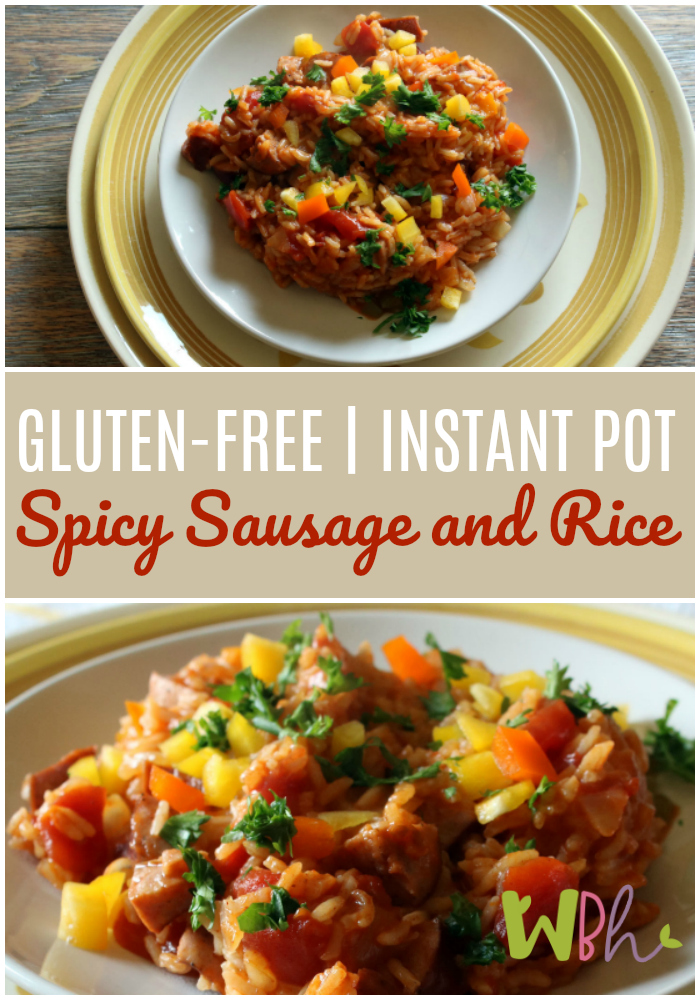 Enjoy this gluten-free Instant Pot spicy sausage and rice. This little dish is so quick to whip up, doubles well, and is quite tasty. Anytime I can get dinner on the table in under 30 minutes is a win for me! I hope you enjoy it, too. #glutenfree #instantpot #instapot #glutenfreefrecipe #instantpotrecipe 