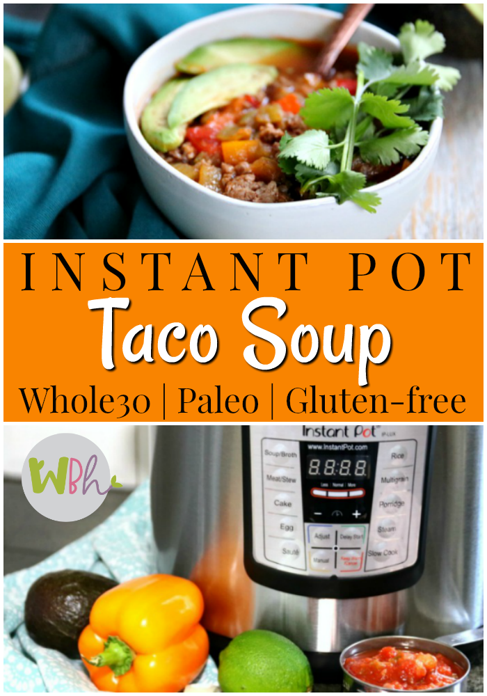 Taco Tuesday is back for those of you eating Paleo or Whole30, and it's easier than ever with this simple and delicious Instant Pot Taco Soup recipe! #instantpot #instapot #instantpotrecipes #paleo #paleorecipes #whole30 #whole30recipes #glutenfree #glutenfreerecipes #tacosoup #tacotuesday